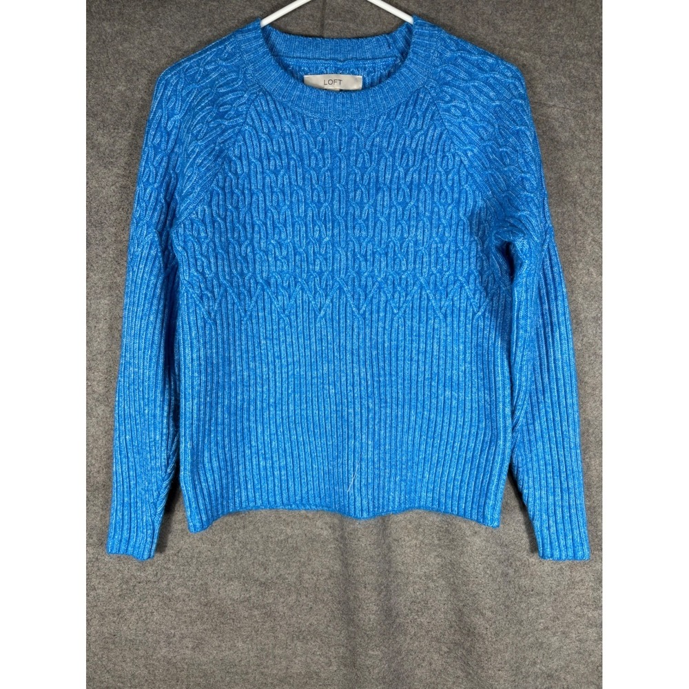 LOFT Blue Marl Mixed‎ Cable Knit Ribbed Crew Neck Sweater S 760248